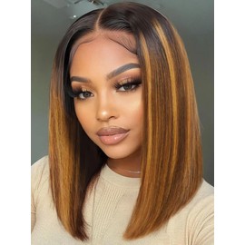 Nadula Blonde Piano Highlight Blunt Bob Straight Wig Human Hair - Glueless Pre Cut 7x5 HD Bye Bye Knots Lace Front Wigs Pre Plucked with Dark Roots - Ready to Go Short Bob Silky Straight Wig 10inch
