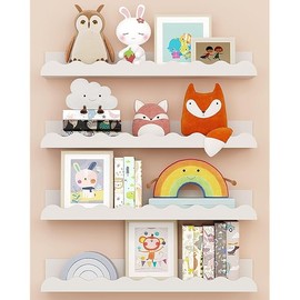 Kids' Bookshelf Set of 4 - White Floating Nursery Book Shelves, Picture Ledge Shelf for Wall Decor and Storage - Perfect for Books, Toys, Photo Frames, and Nursery Décor