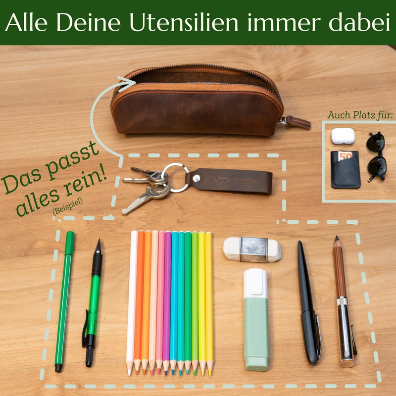 Premium pencil case made of genuine leather, long closure, Vintage