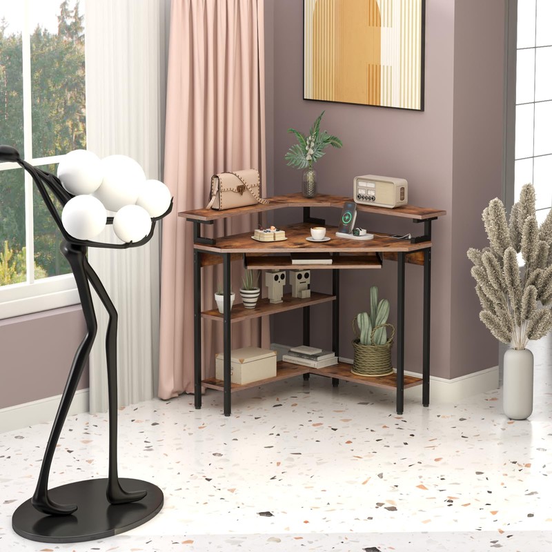Triangle Corner Desk with Charging Station and LED Light for