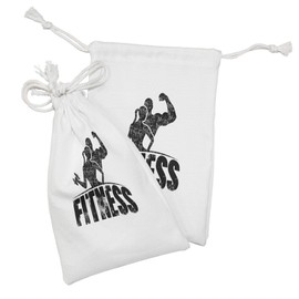 Ambesonne Fitness Fabric Pouch Set of 2, Grunge Man and Woman Silhouettes Working out Muscles Strong Training Couple, Small Drawstring Bag for Toiletries Masks and Favors, 9" x 6", Black and White