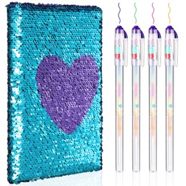 Outus Sequin Girls Journal Set with 4 Pieces Color Gel Ink Pens Reversible Diary Flip Sequin Notebook Glitter Writing Journal for Girls Teens Gifts(Blue Purple,Heart)