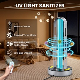 ZETAWALE UV Light Sanitizer, 100W Ultraviolet Lamp with Remote Control for Bed Bugs and Dust Mites, Home Disinfection Device UV Lamp with Motion Sensor,3 Speed Timings for Home, Room & Kitchen