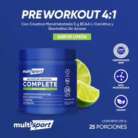 Creatina Monohidratada con Pre Entreno + L Carnitina + Electrolitos + BCAAs Formula de Alta Pureza sin Azúcar, Vegan, Keto MultiSport Complete 25 Porciones (275g, Limón)