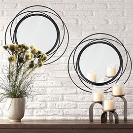 2 Set 15.7'' Black Circle Mirrors Wall Decor Iron Frame Mirrors Wall Art Round Mirrors Home Decor Hanging Mirrors for Living Room/Bedroom/Bathroom/Entryway (Medium Size 15.7 inch ,Circles)