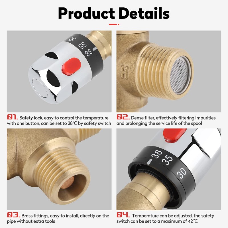 G1 / 2“（DN15） Thermostatic Mixing Valve,Hot Cold Water Brass Adjustable