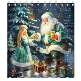 Mocsicka Christmas Shower Curtain for Girls Kids Cute Little Girls Santa Claus Shower Curtain with 12 Hooks Green Xmas Trees Snowflake Winter Christmas Bath Decor Fabric Shower Curtain