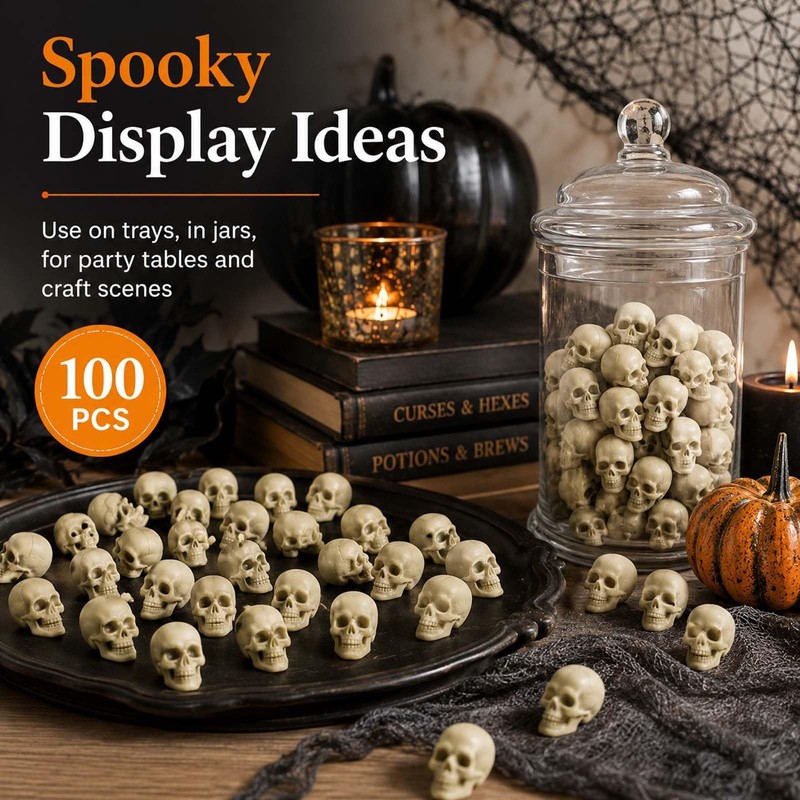 Derkiua 100pcs Mini Plastic Skull Heads for Halloween Decorations