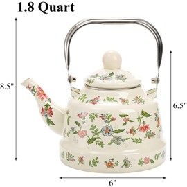 Jucoan 1.8 Quart Vintage Enamel Stovetop Tea Kettle, Retro Green Floral Enamel on Steel Teapot with Removable Infuser for Camping, Gift for Wedding Housewarming Thanksgiving Christmas
