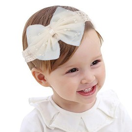 Rannyrena Baby Girls Bow Headband Newborn Lace Bow-knot Hair Band Soft Elastic Tulle Hair Bow Accessory Turban Head Wrap for Infant Toddler (Off white, Standard size)
