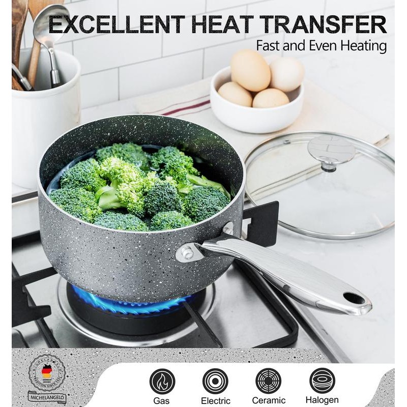 MICHELANGELO Sauce Pan with Glass Lid, Granite Nonstick Sauce Pan