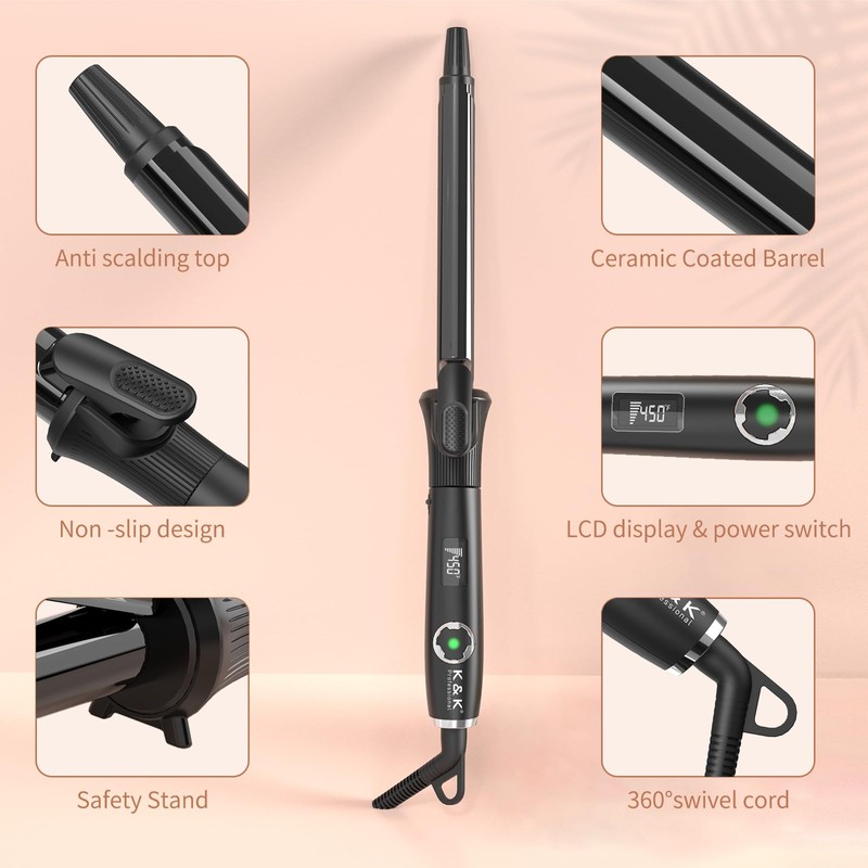 K&K 0.75" Tourmaline Ceramic Curling Iron, Professional Hair Curler Clip