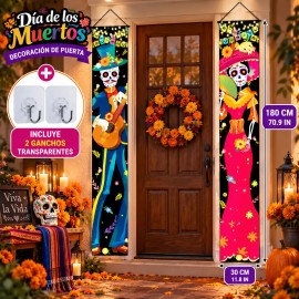 Decoración de Día de Muertos para Puerta, de 2 Banners Verticales de 180x30 cm con Diseños de Catrina y Músico, LuzMascota