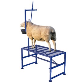 Lezbanz 600 LBs Goat Stand with Feed Bin, Goat Milking Stand for Sheep Trimming and Milking, Hoof Trimming Stand Adjustable Size, with Feeder, Iron Blue