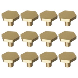 RZDEAL 1-1/10" Solid Brass Knobs Shoe Cabinets Knob and Pulls Brushed Gold Hexagon Handles for Dresser Drawer (12Pcs)