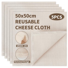 5PCS Cheesecloth, Grade 100 Unbleached Muslin Cloths for Cooking, Reusable Ultra Fine Cheese Cloths, Washable Hemmed Straining Cloth for Filtering Nut Milk, Butter, Juice, Tea, Coffee (50 x 50 cm)