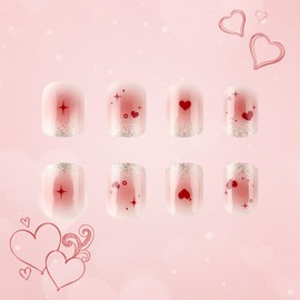 TBRZTR Valentine's Pink Press on Nails Short Square Love Heart Glitter Powder Design Coffin Nails French Valentine's Stick on Nails Full Cover Acrylic Nails Glossy Glue on Nails for Women 24Pcs