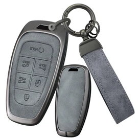 ontto 6 buttons Car Key Case Cover Fit for Hyundai Ioniq 5 Sonata Santa Fe Nexo Tucson Palisade 2020 2021 2022 2023 2024 Alloy Leather Smart Key Holder shell keyring Accessories-Round keychain