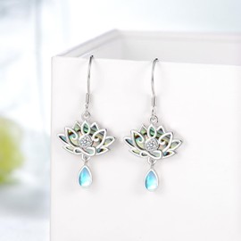 Moonstone Lotus Earrings 925 Sterling Silver Lotus Flower Earrings Abalone Shell Yoga Spiritual Lotus Jewelry Gifts for Women Lotus Gifts