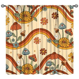 JanJCurt Retro Mushroom Curtains, 70s Boho Groovy Vintage Hippie Funky Aesthetic Eye Cute Daisy Flower Print Window Treatments for Living Room Bedroom, 42x45 Inch (No Blackout)