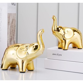 Vellichor Europe Pair of Elegant Gold Elephant Statue for Home Decor - Ceramic Figurines for Living Room, Office, and More - 13cm and 10cm Tall - Animal Statue Ornament