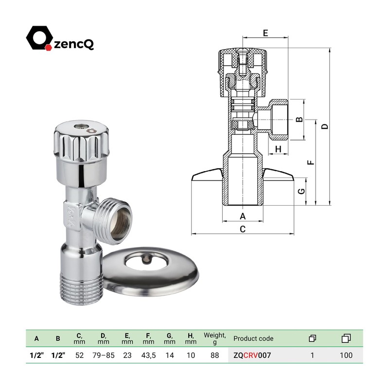 ZencQ Angle Valve 1/2 Inch Wall Connection, 1/2 Inch Hose