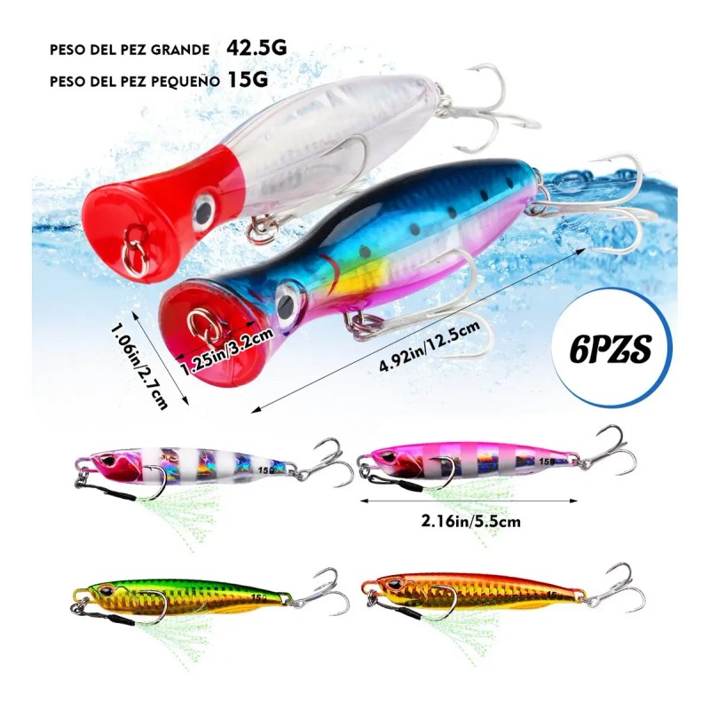 6 Señuelos Popper De 43g Kit Pesca Superficial Mar Playa