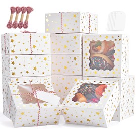 EQOREIIN 36pcs Christmas Cookie Boxes with Window，4x4x2.5in Bakery Boxes for Cookies, Xmas Gold Foil Star Treat Boxes for Gift Giving，Cookie Tins Pastry Dessert Cupcakes Candy Donut Packaging