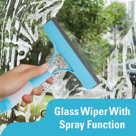 3 in 1 Glass Wiper with Integrated Sprayer and Scraper, Streak Free Cleaning Tool for Windows, Mirrors, Shower Door and Glass Surfaces