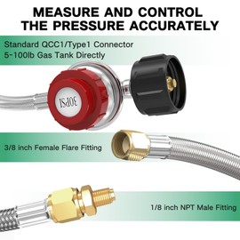 12 FT 0-30 PSI Adjustable High Pressure Propane Regulator, Stainless Propane QCC1 Hose with 3/8 Flare x 1/8 MNPT Fits for LP Gas Cooker, Burner, Turkey Fryer, Smoker