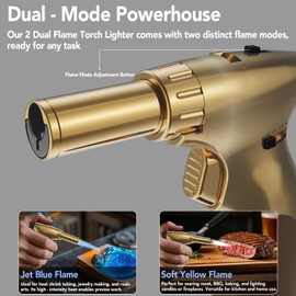 Sondiko DUAL Style Flame Butane Torch Lighter, Adjustable Flame Size Butane Lighter, Refillable Blow Torch with Continuous Flame Lock for Cooking, Butane Gas Is Not Included, Gold