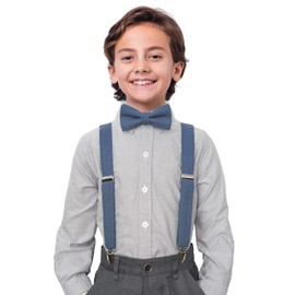 BELLUNO - Juego de pajarita y tirantes sólidos preatados para niños y jóvenes, eventos, fiestas, bodas, algodón y lino, 37 Steel Blue, 25" (6 mos. - 5 yrs.)