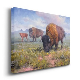 Renditions Gallery Family Outing Wall Art, Western, American Bison Grazing, Vibrant, Bright Colors, Premium Gallery Wrapped Canvas Decor, Ready to Hang, 12 In H x 18 In W, Made in America Print