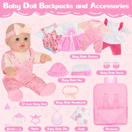 Mastom 12'' Baby Doll Playset with 4 Outfits Backpack, 12 Inch Realistic Baby Dolls with Clothes Backpack and 2 Bottles Bib Quilt Nipple Socks, Pretend Play Baby Doll Gift for Toddlers Girls Age 3+