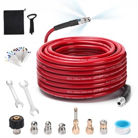 Sewer Jetter Kit for Pressure Washer, 50FT 5800 PSI Drain Cleaner Hose with 1/4" NPT Corner, Rotating and Button Hose Sewer Jetting Nozzle, Waterproof Tape, Pearl Corsage Pin, Spanner, Glove