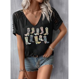 Womens Cut Out Cold Shoulder T Shirts Boho Floral Graphic Tshirts Nashville Country Lacerated Sleeve Cowgirls Tee Tops(Western Black1,Small)