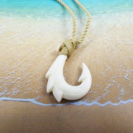 Unique Hawaiian Large Fish Hook Necklace, Hand Carved Buffalo Bone 3D Fish Hook Necklace, N9102