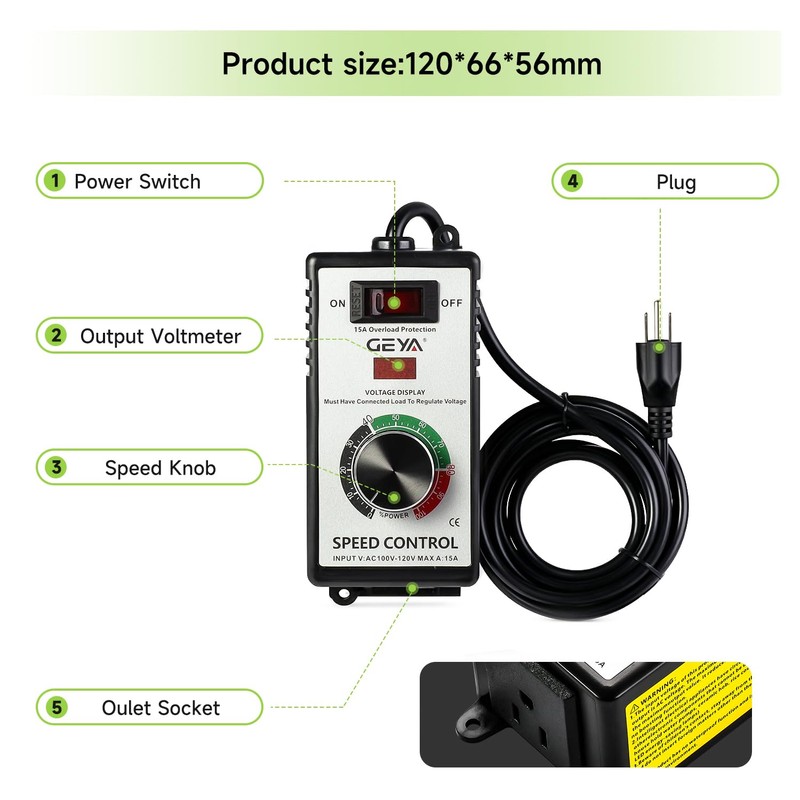 IGOYE 100V-120V 15A AC Motor Speed Controller with Overload Protection,