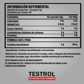 TESTROL. Creatina Essential. Creatina Monohidrato. Rendimiento deportivo de alto nivel, potencia, resistencia y recuperación muscular, con ingredientes esenciales para un éxito sostenible. Polvo 80 Servicios