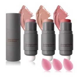 3PCS Blush Stick for Cheeks,Multi-use Solid Matte Makeup Stick Blush Cream for Cheek Eyes and Lips Tint,Moisturizing Tinted Cream Blush,Natural Blendable Cheek Blusher with 3 Makeup Sponges A3
