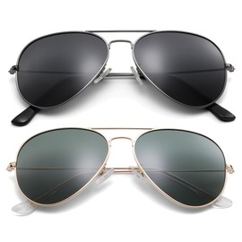Pro Acme Classic Polarized Aviator Sunglasses for Men and Women UV400 Protection (2 Pairs) Gunmetal Frame/Grey Lens + Gold Frame/G15 Green Lens