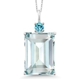 Gem Stone King 925 Sterling Silver Sky Blue Simulated Aquamarine and Swiss Blue Topaz Pendant Necklace For Women (16.16 Cttw, Emerald Cut 18X13MM, With 18 Inch Silver Chain)