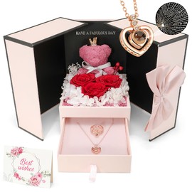 Nasjac Flor Rosa Eterna, Regalo para Mujer, Anillo Collar con "I Love You" en 100 Idiomas, Oso Rosas Flores Conservada, Regalo para San Valentín, Regalo de Mamá, Tarjeta de Felicitación, Caja Regalo