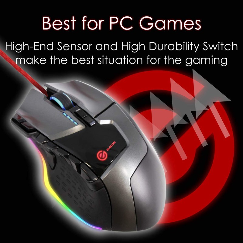 Elecom M-G02URBK Gaming Mouse, 13 Buttons, Programmable, RGB Compatible, Hardware