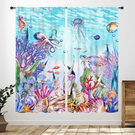 Cortina náutica costera, con temática de océano, conchas, playa, estrellas, mar, caballito de mar, azul, verano, animales, subacuático, para recámara, sala de estar, baño, 2 paneles, 42 x 54 pulgadas