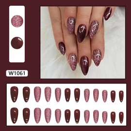Cherry Red Press on Nails Medium Almond - WLGDLH Fake Nails Glitter False Nails with Glossy Design Solid Color Acrylic Nails Full Cover Glue on Nails for Women Girls 24Pcs