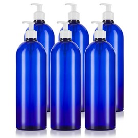 Cobalt Blue 32 oz Large Boston Round PET Plastic Bottles (BPA Free) with White Lotion Pump (6)