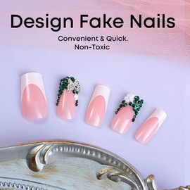 Press on Nails Square Medium Length Glossy Full Cover Acrylic Square Shape False Nails with Designs Artificial Short Coffin Fake Nails with Charms Glue Stick on Fingernails for Women Girls(XD9393)