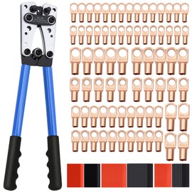 Cable Lug Crimping Tool with 74pcs Copper Wire Lugs, 100pcs Dual Wall Adhesive Heat Shrink Tubing, Wire Crimping Tool for AWG 10-1/0 Electrical Lug Crimper