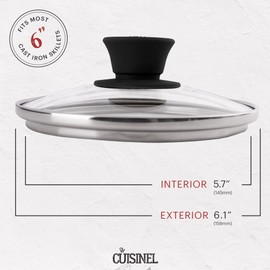 Cuisinel Glass Lid - 6"-inch/15.24-cm/158mm - Compatible with Lodge - Fully Assembled Tempered Replacement Cover - Oven Safe for Skillets Pots Pans - For Any Cookware: Cast Iron, Stainless, Non-Stick